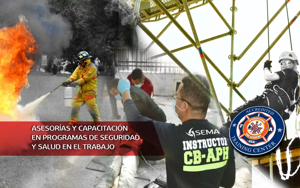 Instructores y brigadistas realizando prácticas de APH, control del fuego, rescate y trabajo seguro en alturas durante capacitación empresarial de Sema SAS.